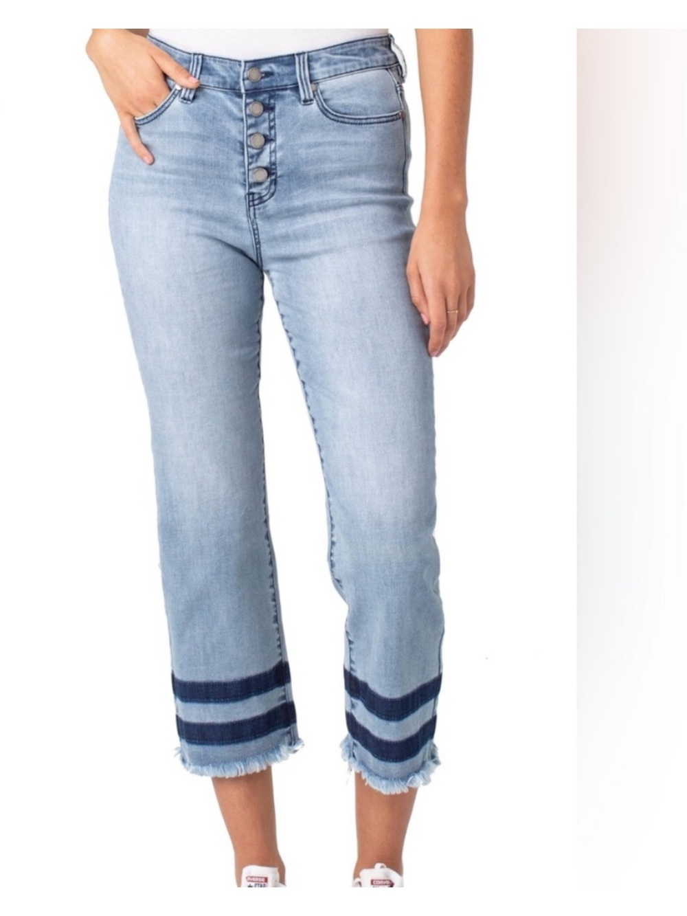 LIVERPOOL • Stonehenge Light Wash Cropped Jeans Frayed Hem and Stripe Detail